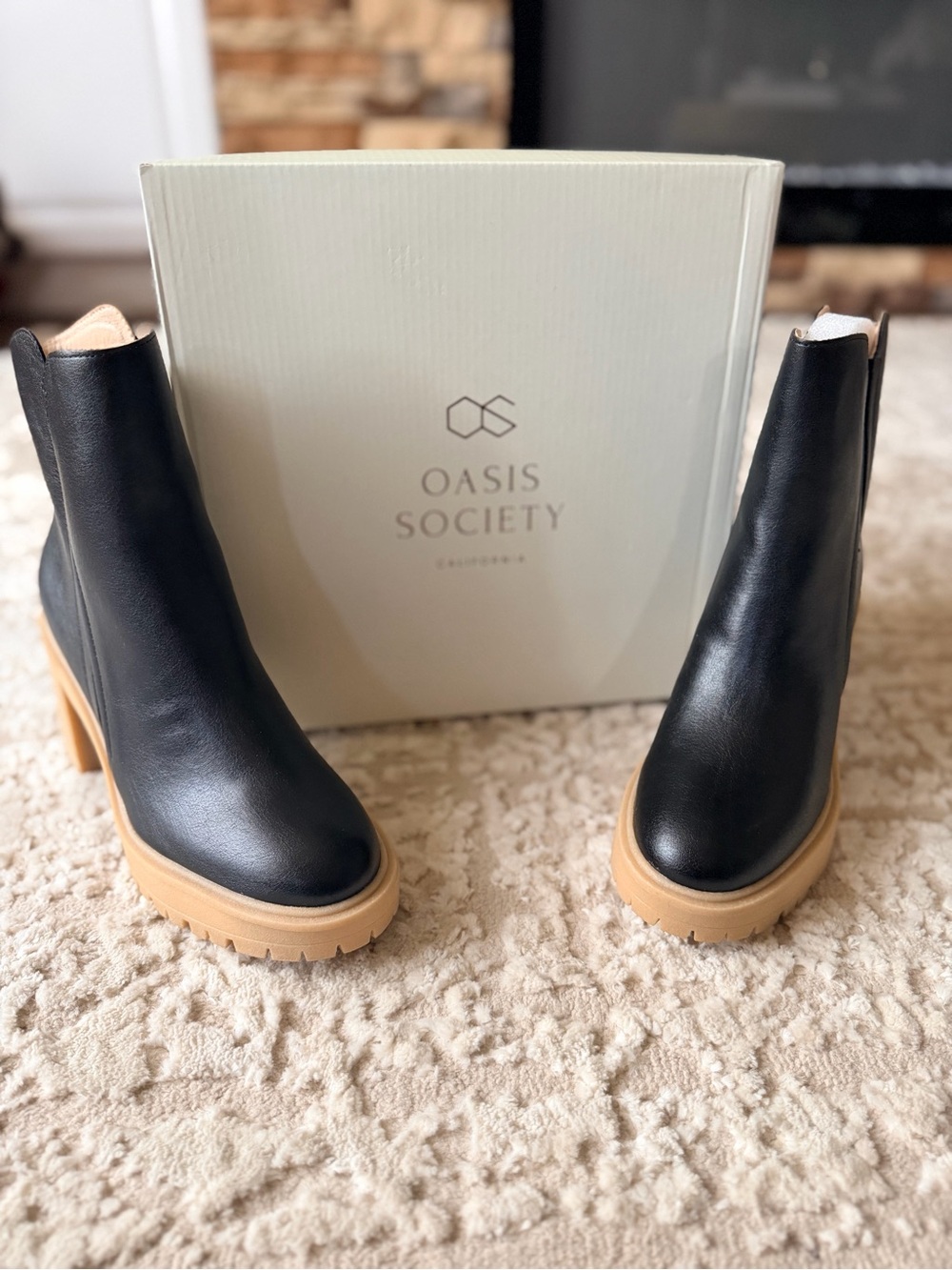 Oasis Society Black Leather Chelsea Heeled Boots with Tan Lug Sole